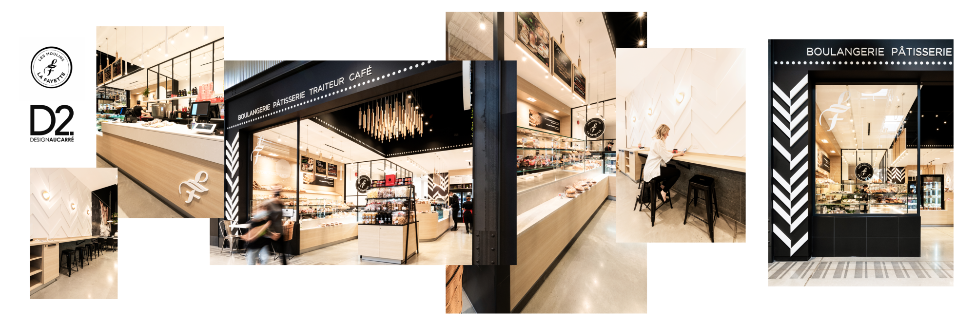 Photographie immobilière commerciale d’un espace de boulangerie moderne avec comptoir, vitrines et design intérieur soigné, réalisée par une photographe immobilière au Québec. Les Moulins Lafayettes, Design2